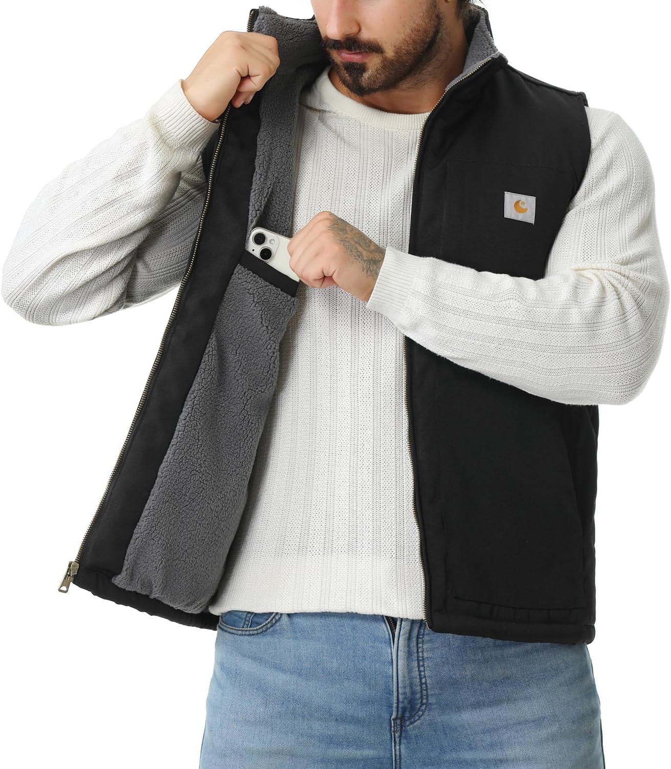 Men's Loose Fit Washed Duck Fleece-Lined Waterproof Workwear Mock-Neck Vest