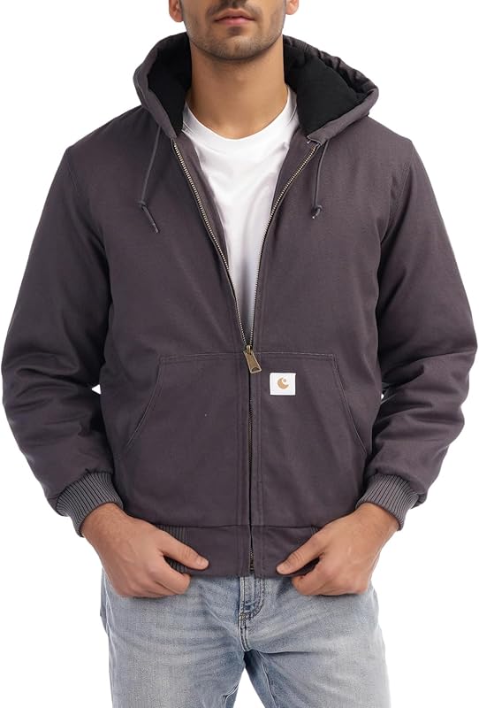 Men's Loose Fit Quilted Flannel Lined Workwear Waterproof Active Jacket Hooded Work Coat