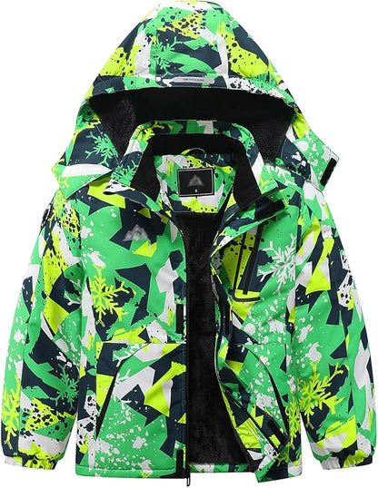 MOERDENG kids detachable-hood ski jacket paired with snow pants for full snow sports gear
