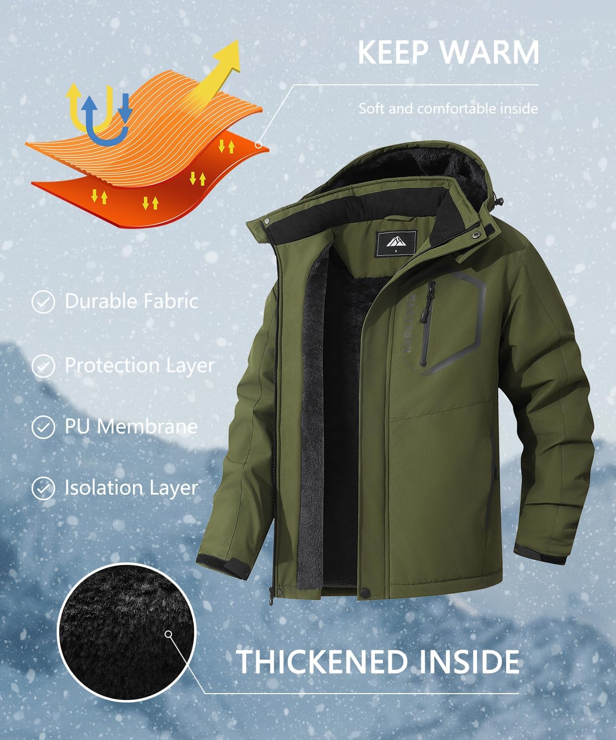 Men's Mountain Ski Jacket Winter Snow Coats Waterproof Warm Fleece Lining Jacket Parka with Hooded