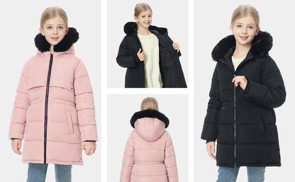 MOERDENG girls winter long puffer coat for family ski trips and snow vacation adventures
