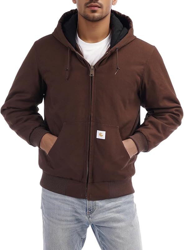 Men's Loose Fit Quilted Flannel Lined Workwear Waterproof Active Jacket Hooded Work Coat