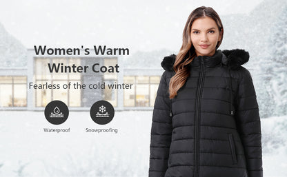 Women's Waterproof Long Down Jacket,Warm Winter Hooded Puffer Coat Thickened for Hiking Outdoor