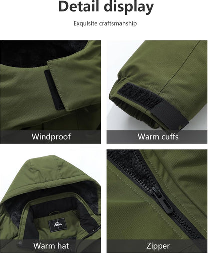 Men's Ski Jacket with Hooded Snowboarding Waterproof Fleece Lining Jacket Winter Coat Multi Pockets