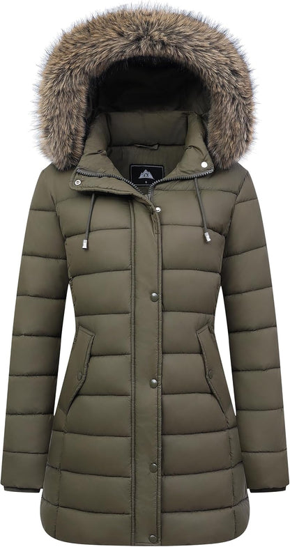 MOERDENG womens winter thickened down jacket warm long waterproof parka with faux fur removable hood
