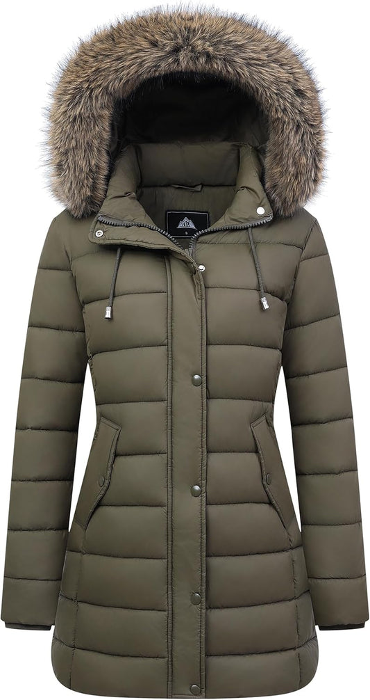 MOERDENG womens winter thickened down jacket warm long waterproof parka with faux fur removable hood
